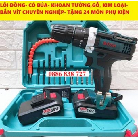 Máy Khoan Pin Cầm Tay BOSH 36V - Lõi Đồng Có Búa - Ba Chức Năng Khoan tường, khoan kim loại, Bắt Vít chuyên dụng